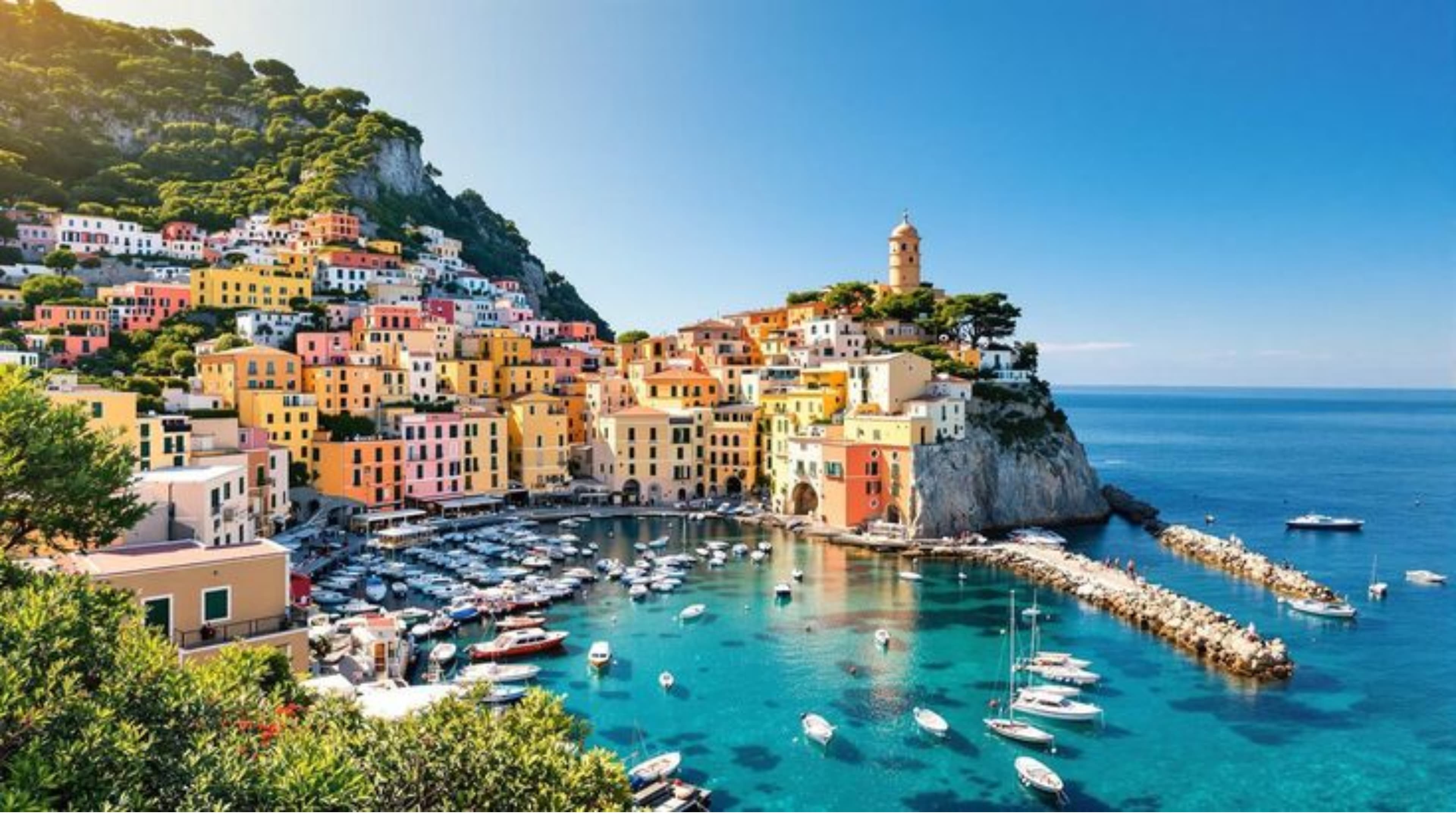 Costa Amalfitana con casas de colores sobre los acantilados, Italia